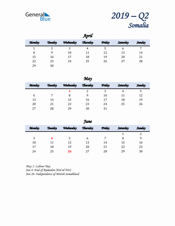 April, May, and June Calendar for Somalia with Monday Start