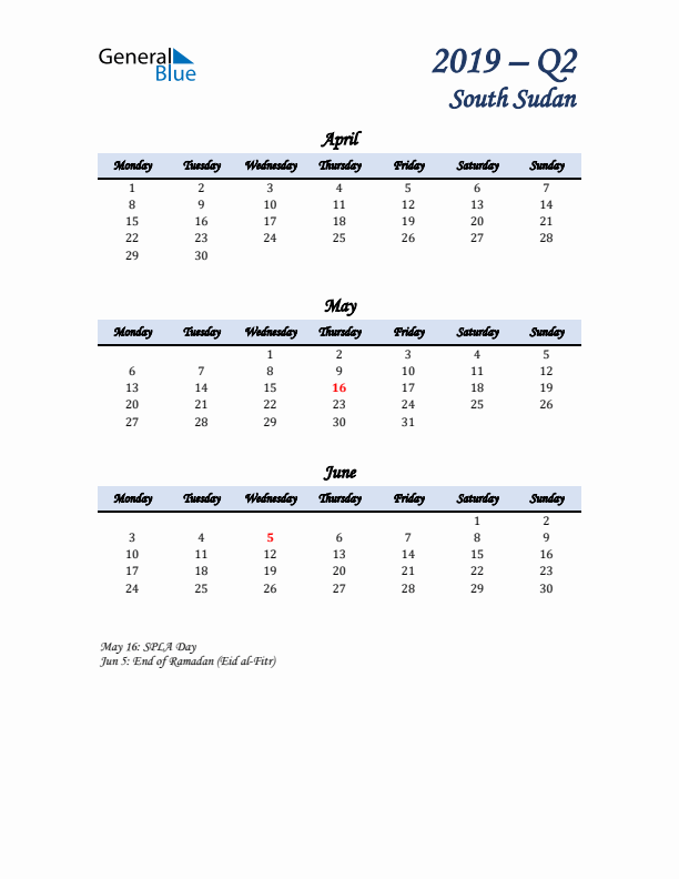 April, May, and June Calendar for South Sudan with Monday Start