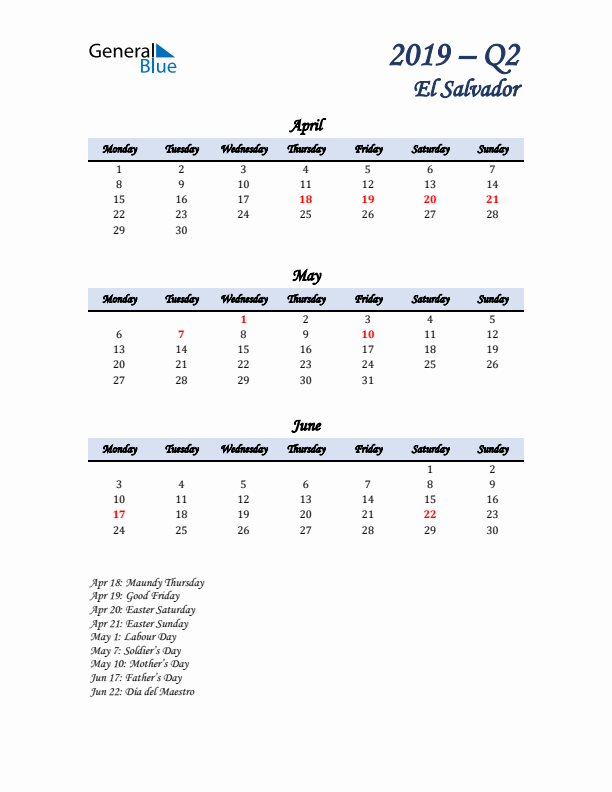 April, May, and June Calendar for El Salvador with Monday Start