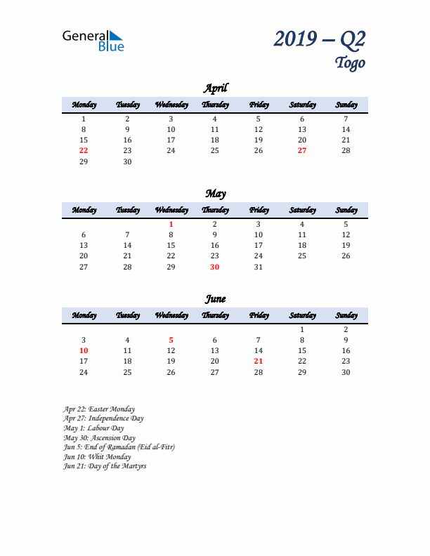 April, May, and June Calendar for Togo with Monday Start