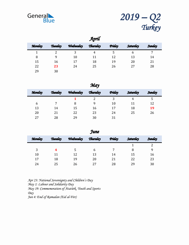 April, May, and June Calendar for Turkey with Monday Start