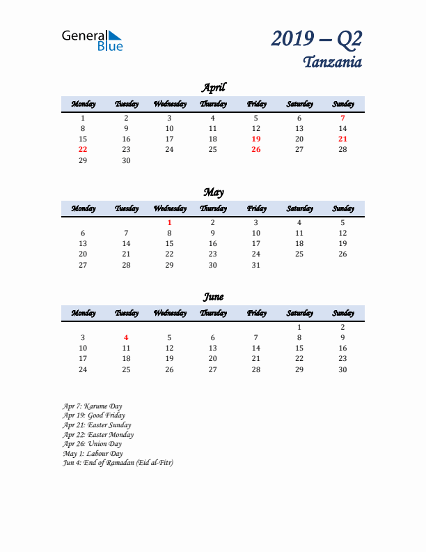 April, May, and June Calendar for Tanzania with Monday Start