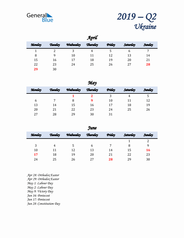 April, May, and June Calendar for Ukraine with Monday Start