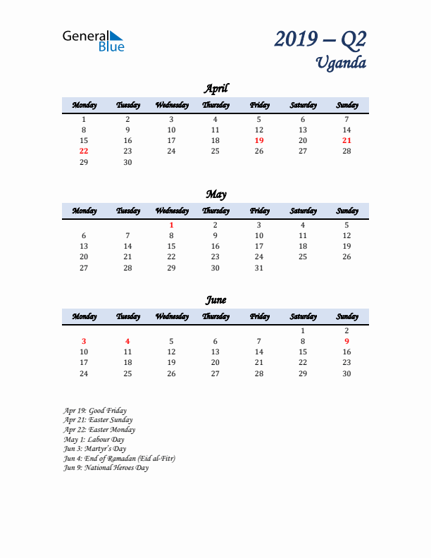 April, May, and June Calendar for Uganda with Monday Start