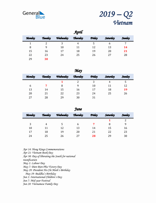 April, May, and June Calendar for Vietnam with Monday Start