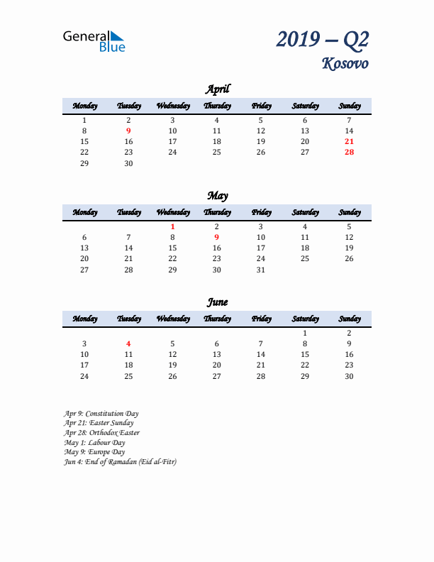 April, May, and June Calendar for Kosovo with Monday Start