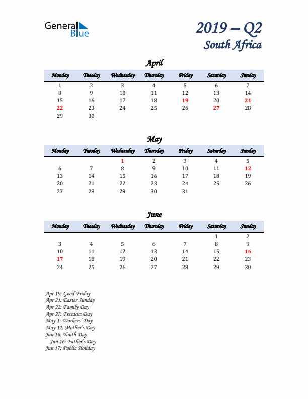 April, May, and June Calendar for South Africa with Monday Start