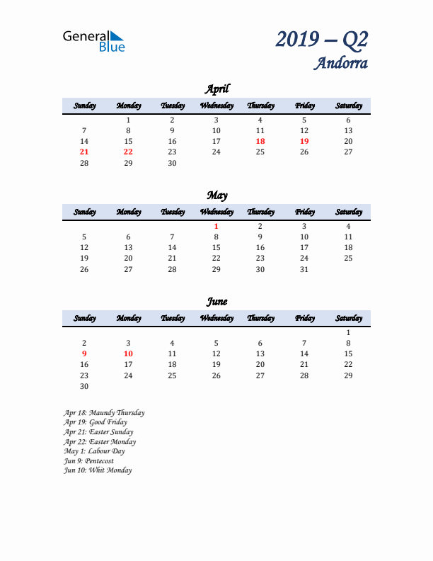 April, May, and June Calendar for Andorra with Sunday Start