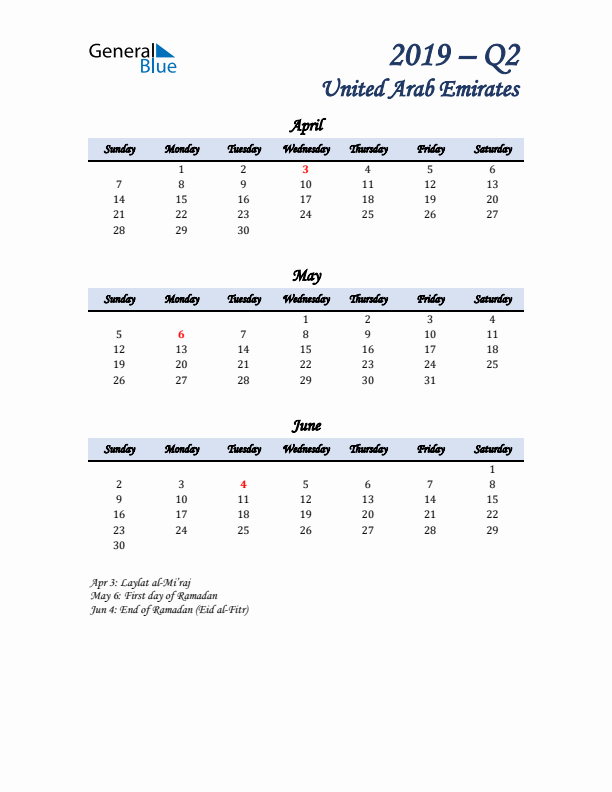 April, May, and June Calendar for United Arab Emirates with Sunday Start