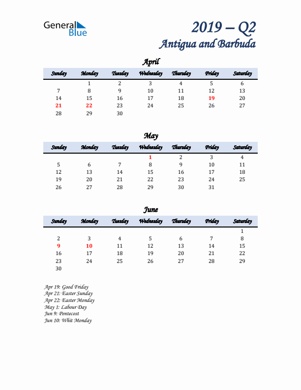 April, May, and June Calendar for Antigua and Barbuda with Sunday Start