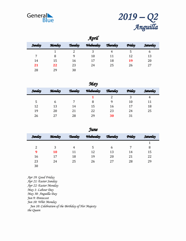 April, May, and June Calendar for Anguilla with Sunday Start