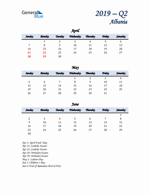 April, May, and June Calendar for Albania with Sunday Start