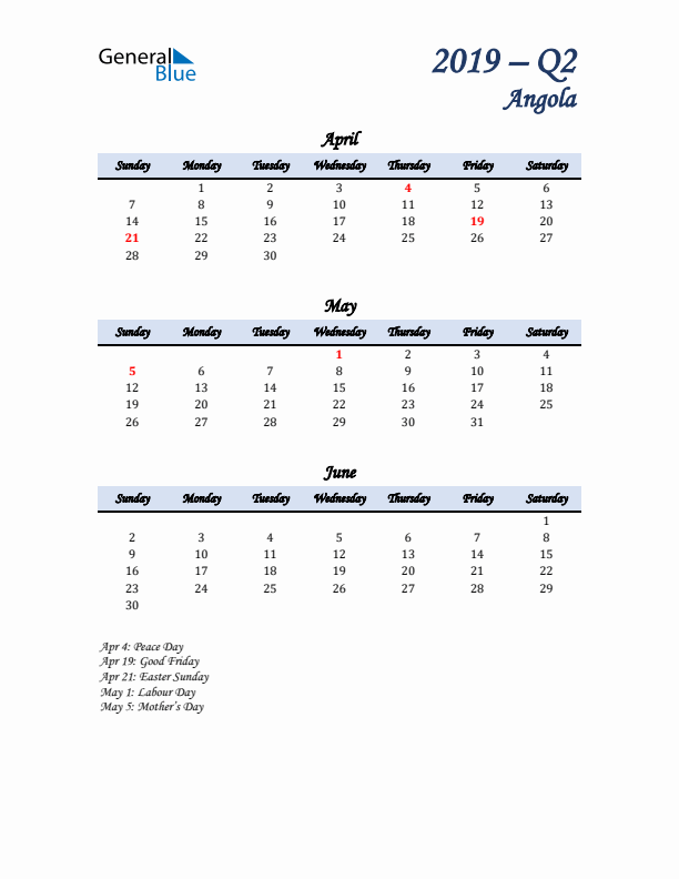 April, May, and June Calendar for Angola with Sunday Start