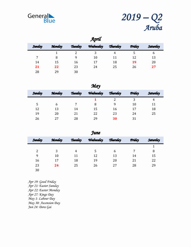 April, May, and June Calendar for Aruba with Sunday Start