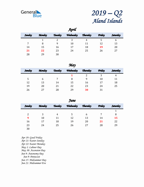 April, May, and June Calendar for Aland Islands with Sunday Start