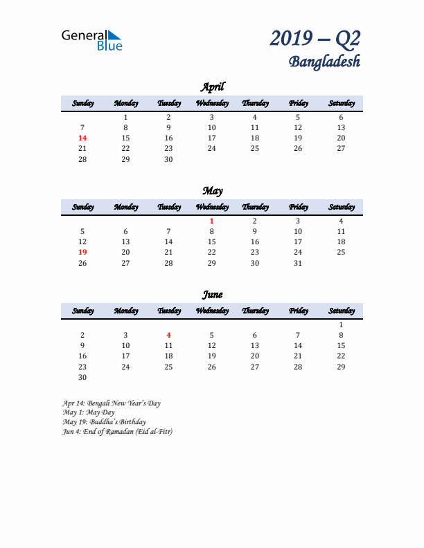 April, May, and June Calendar for Bangladesh with Sunday Start