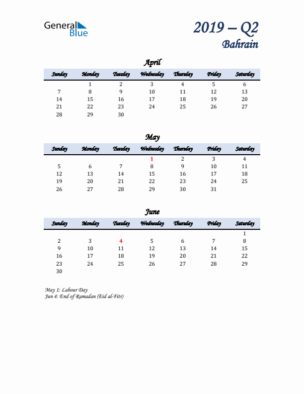 April, May, and June Calendar for Bahrain with Sunday Start