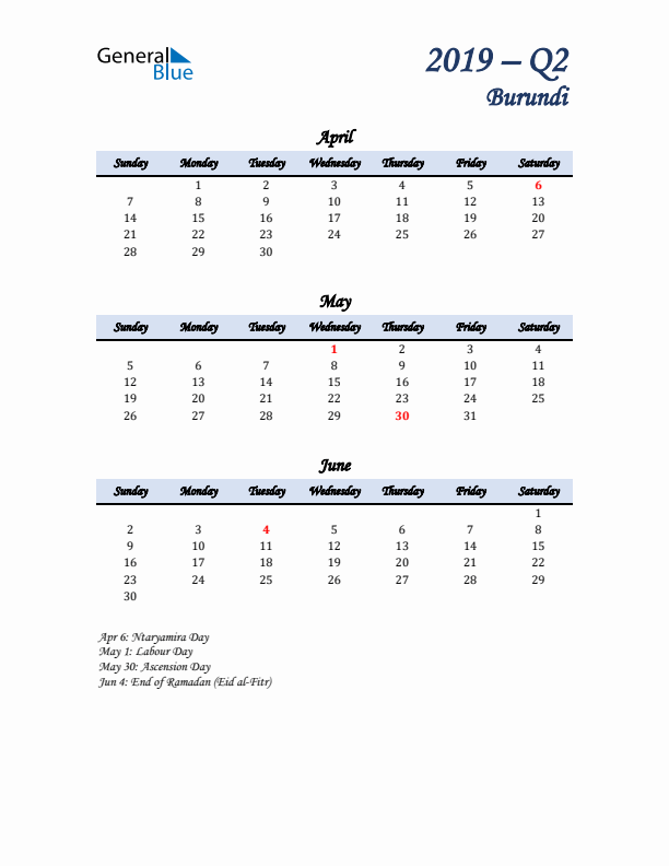 April, May, and June Calendar for Burundi with Sunday Start