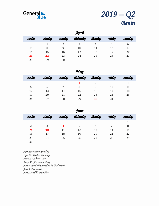 April, May, and June Calendar for Benin with Sunday Start