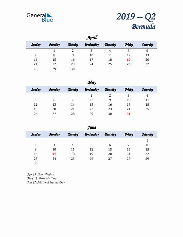 April, May, and June Calendar for Bermuda with Sunday Start