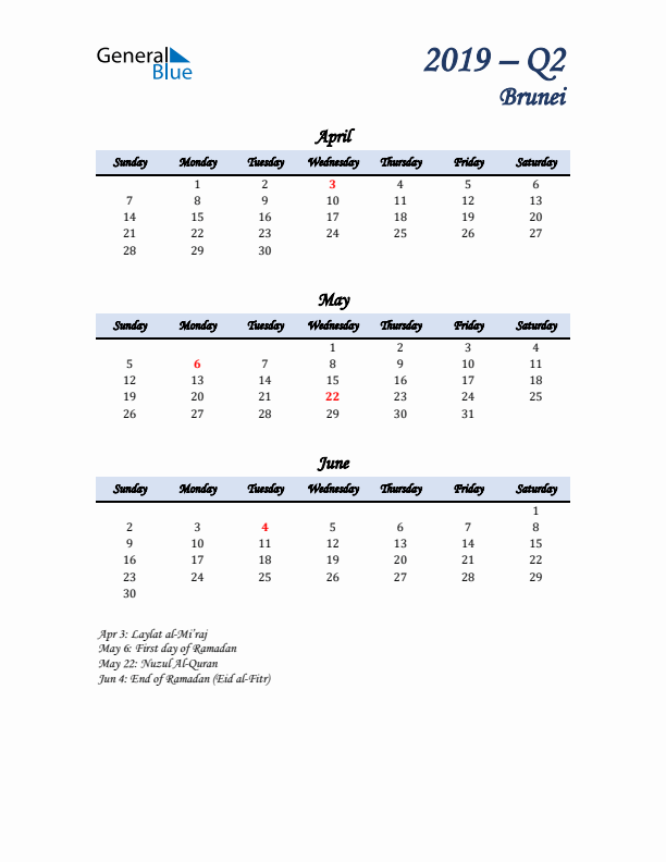 April, May, and June Calendar for Brunei with Sunday Start