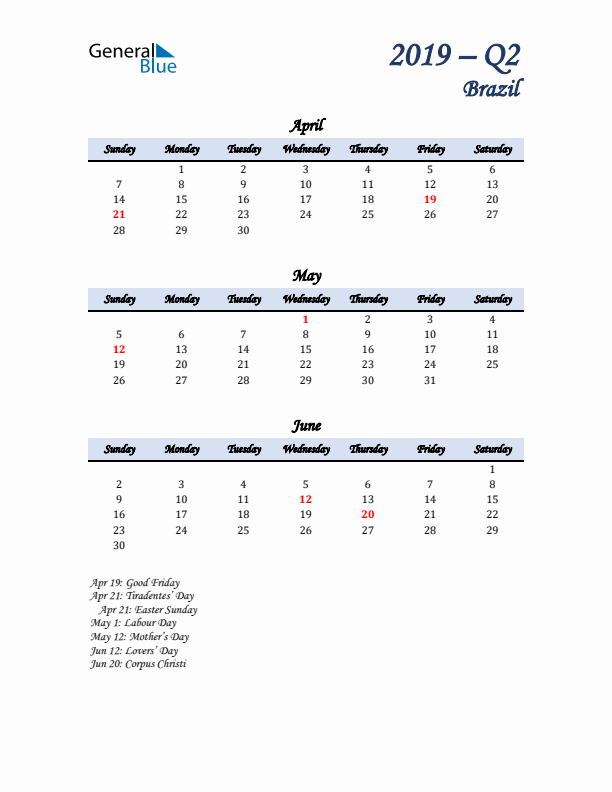 April, May, and June Calendar for Brazil with Sunday Start