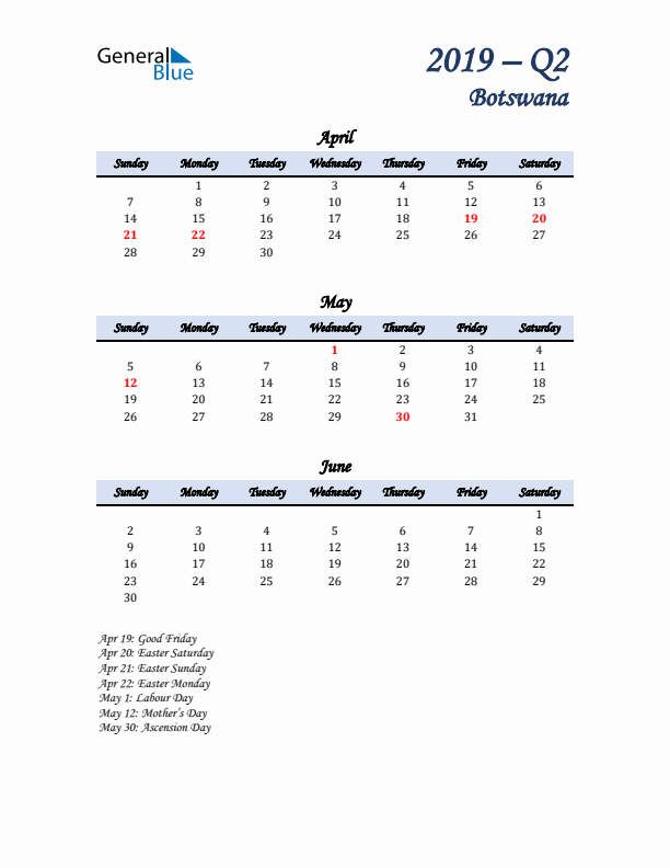 April, May, and June Calendar for Botswana with Sunday Start