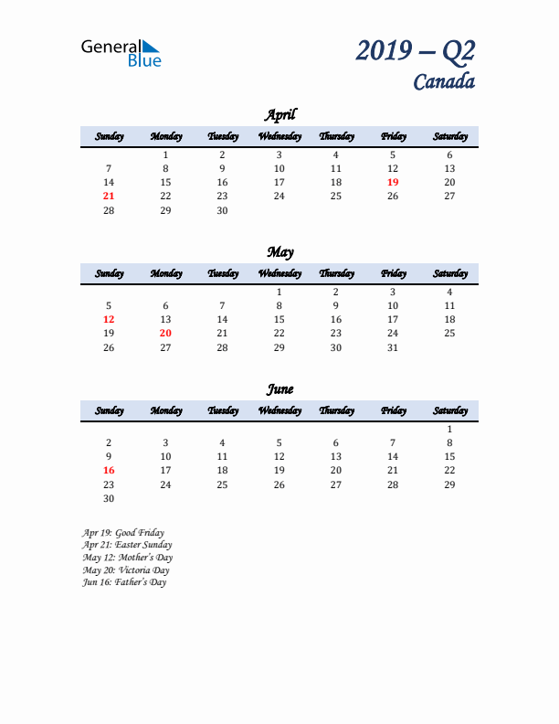 April, May, and June Calendar for Canada with Sunday Start