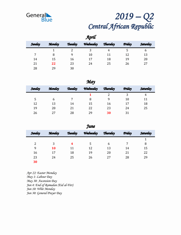 April, May, and June Calendar for Central African Republic with Sunday Start