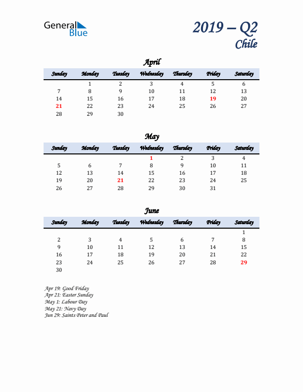 April, May, and June Calendar for Chile with Sunday Start