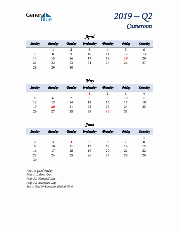 April, May, and June Calendar for Cameroon with Sunday Start