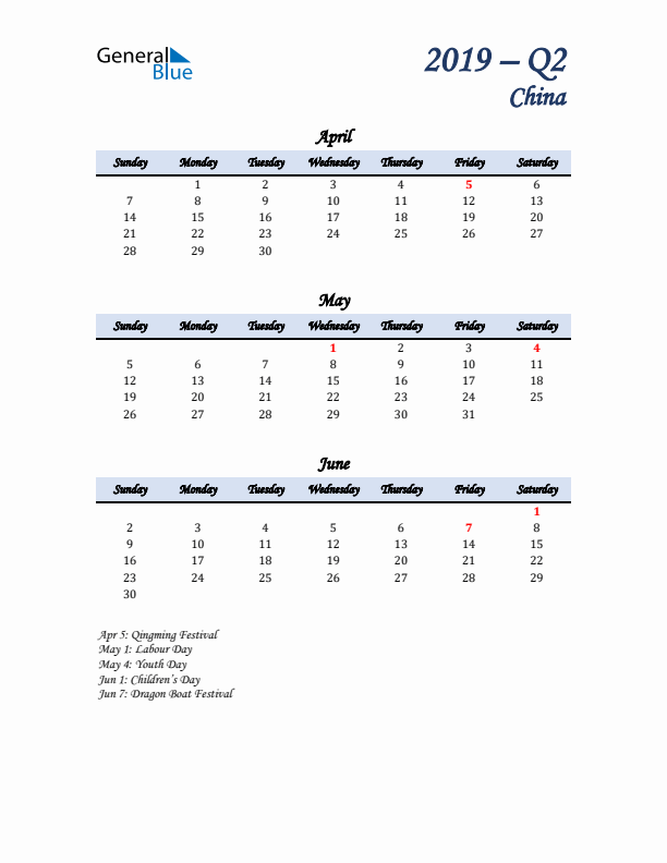 April, May, and June Calendar for China with Sunday Start