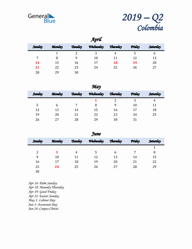 April, May, and June Calendar for Colombia with Sunday Start