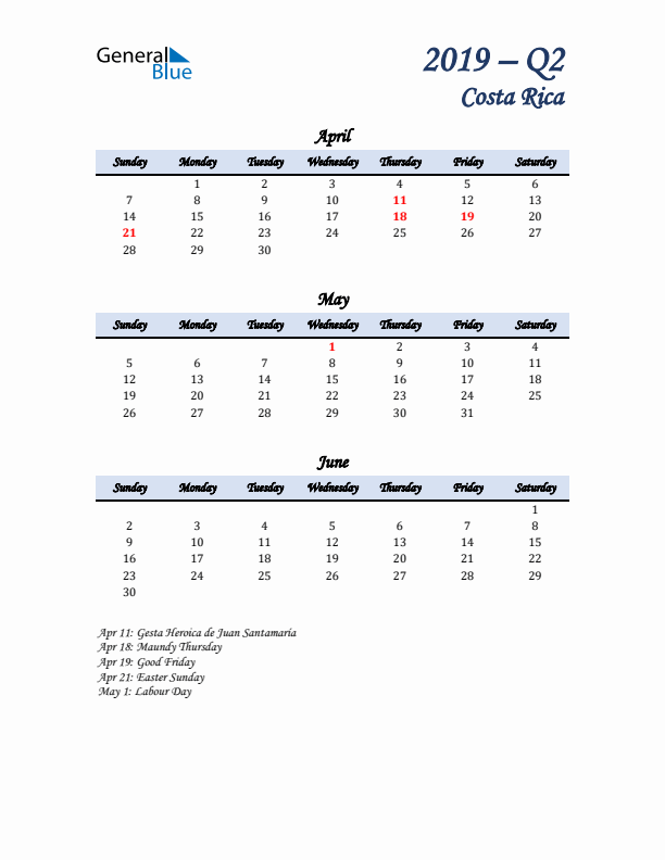 April, May, and June Calendar for Costa Rica with Sunday Start