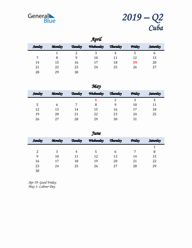 April, May, and June Calendar for Cuba with Sunday Start