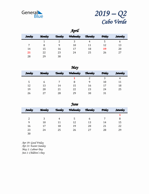 April, May, and June Calendar for Cabo Verde with Sunday Start