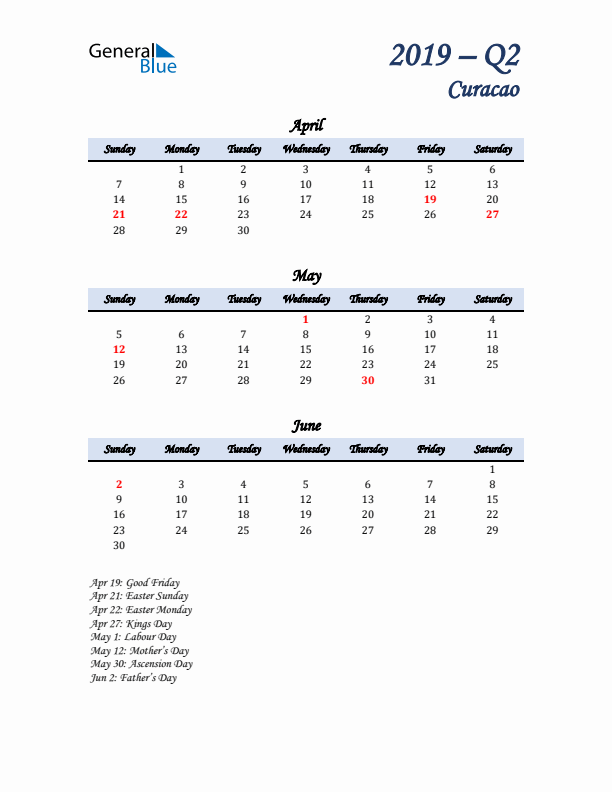 April, May, and June Calendar for Curacao with Sunday Start