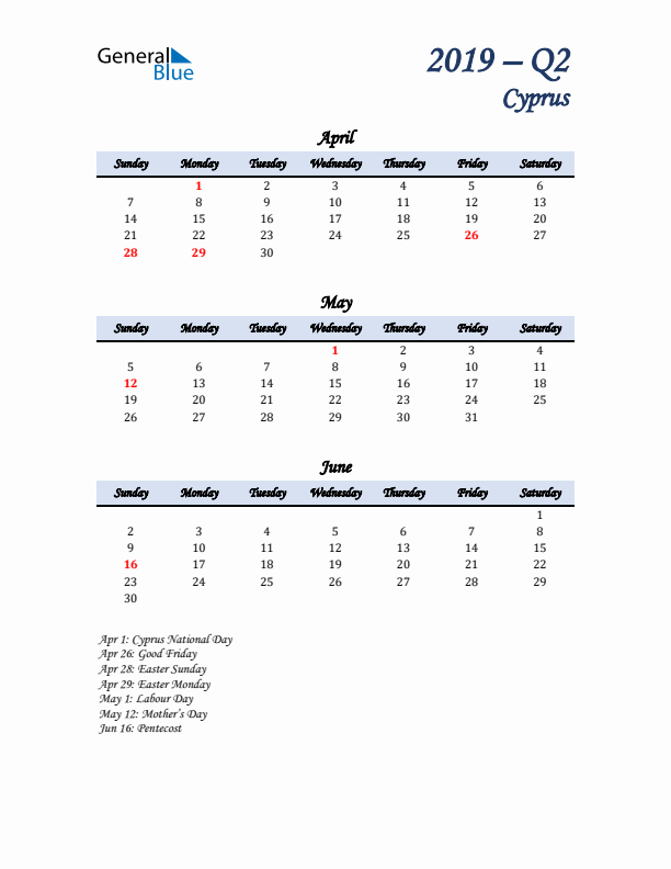 April, May, and June Calendar for Cyprus with Sunday Start