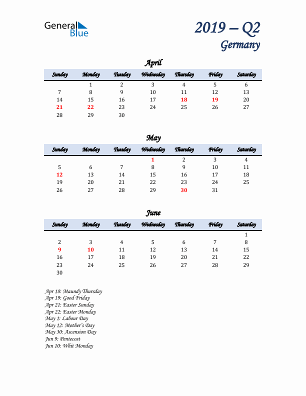 April, May, and June Calendar for Germany with Sunday Start