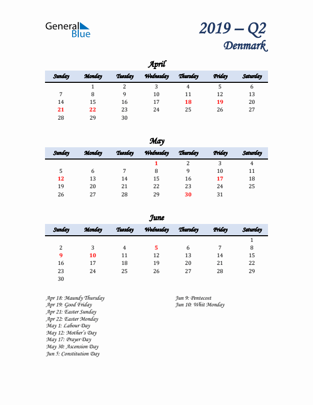 April, May, and June Calendar for Denmark with Sunday Start