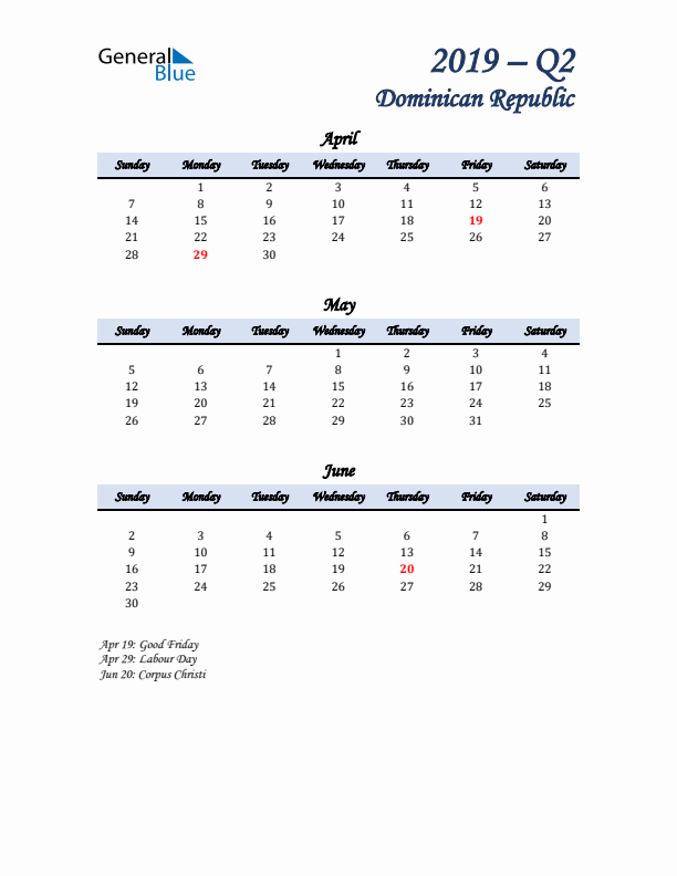 April, May, and June Calendar for Dominican Republic with Sunday Start