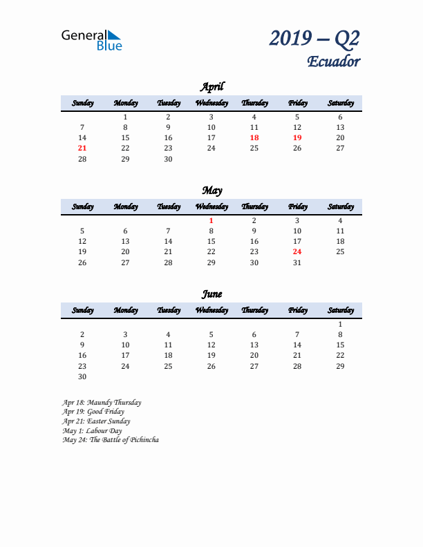 April, May, and June Calendar for Ecuador with Sunday Start