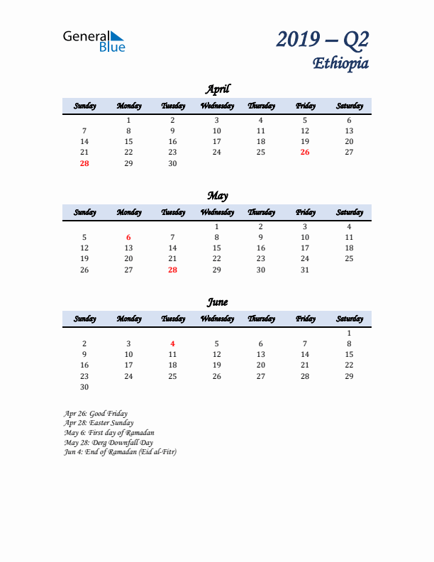 April, May, and June Calendar for Ethiopia with Sunday Start