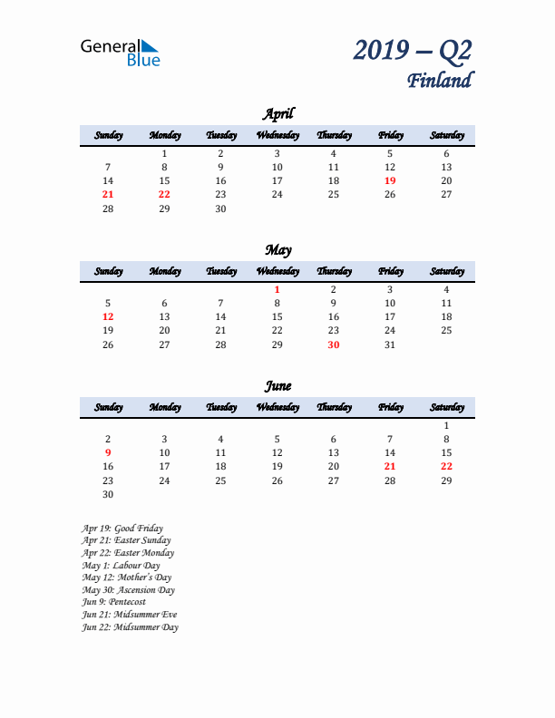 April, May, and June Calendar for Finland with Sunday Start