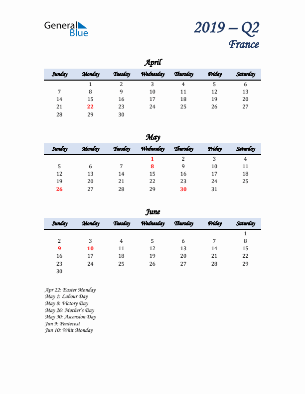 April, May, and June Calendar for France with Sunday Start