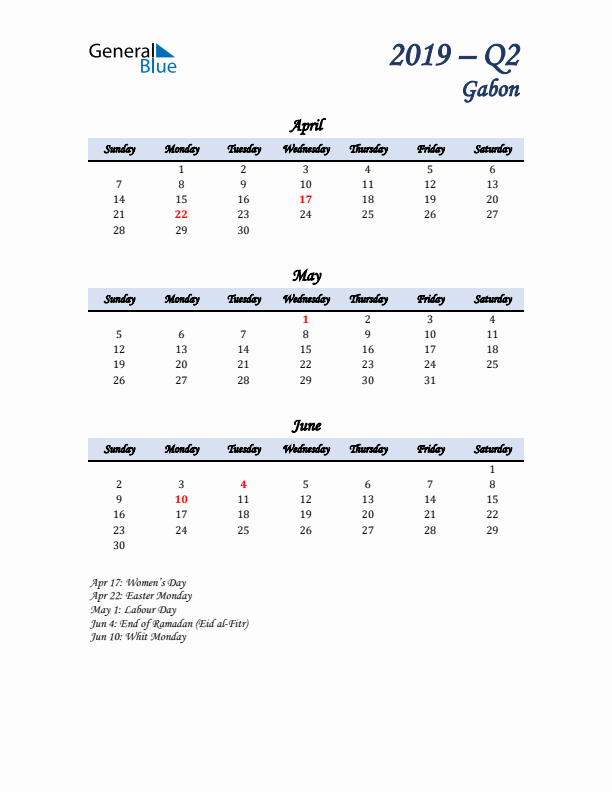 April, May, and June Calendar for Gabon with Sunday Start