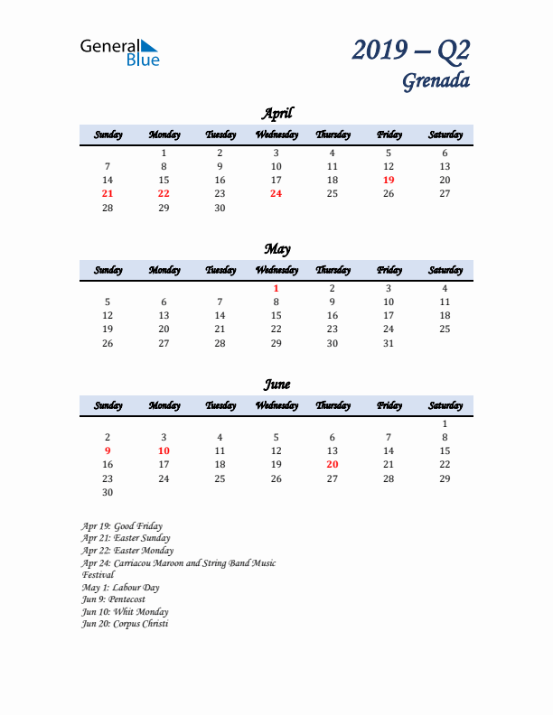 April, May, and June Calendar for Grenada with Sunday Start