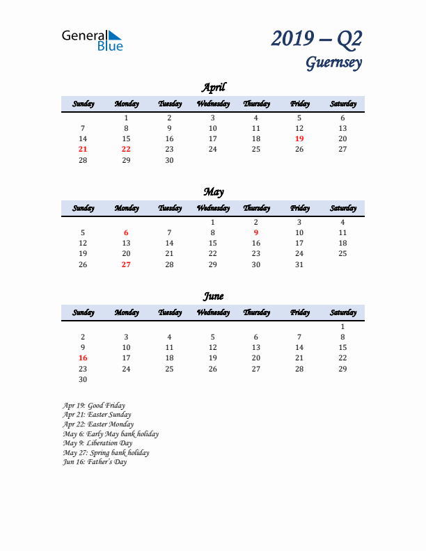 April, May, and June Calendar for Guernsey with Sunday Start