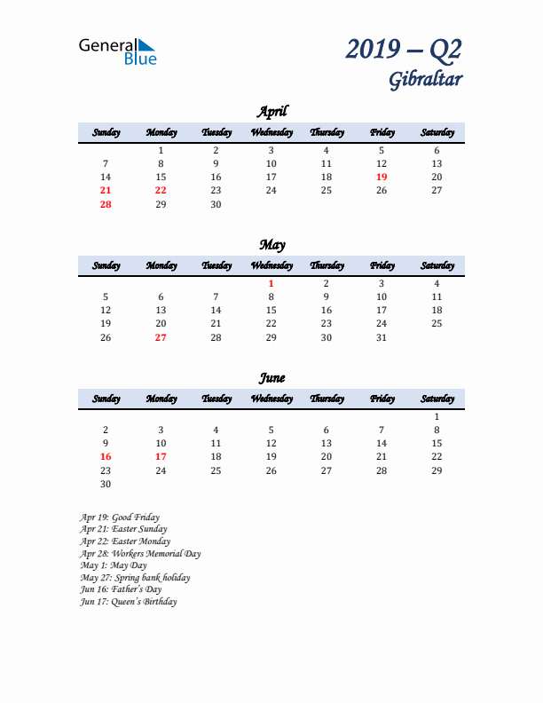 April, May, and June Calendar for Gibraltar with Sunday Start