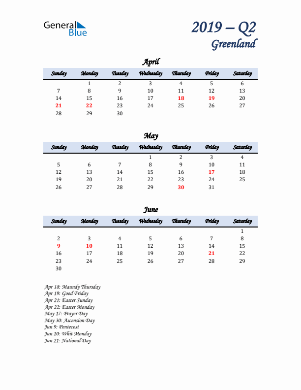 April, May, and June Calendar for Greenland with Sunday Start